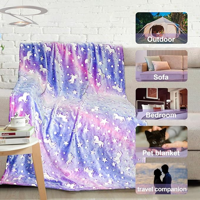 TEHALK Personalized Unicorn Blanket for Girls, Glow in The Dark, Fleece 60"x80"