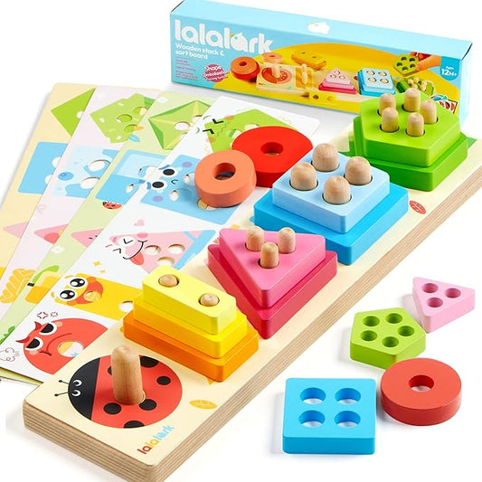 lalalark Montessori Toys for 1 2 3 Year Old Boy Girl, Wooden Sorting & Stacking Toys, Shape Sorter Baby Toy, Educational Sensory Toys for Kids, Wooden Blocks for Toddler 1-3, Christmas Birthday Gifts