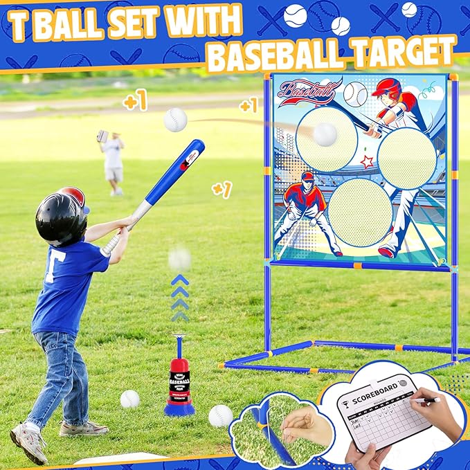 2-in-1 Football & Baseball Toss Target Games for Kids 4-8 8-12, 3-Hole Double-Sided Strike Zone with T Ball Set and Ball Launcher for Toddlers, Indoor Outdoor Toys Backyard Sport Gifts for Boys