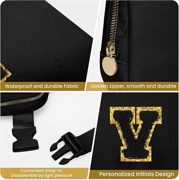 Birthday Gifts for 8 9 10 11 12 13 14 Year Old Girls, Personalized Crossbody Bags Fanny Pack with Initial Letter Patch, Mini Belt Bag for Teen Girls Cute Trendy Stuff Travel Essentials (Black,V)