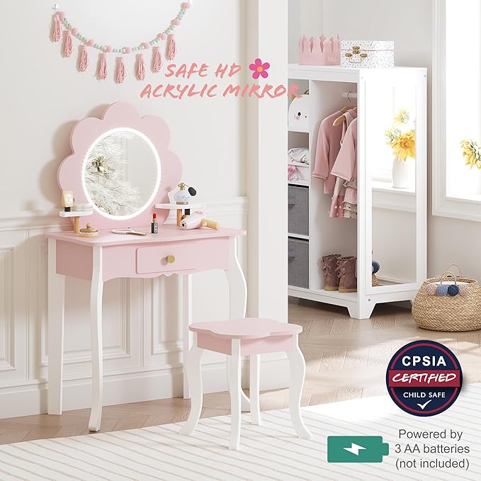 Spirich Kids Vanity, Girls Vanity Set with Mirror and Stool and Lights, Kids Vanity Table and Chair Set, Wooden Princess Makeup Desk Dressing Table (Flower Shape with LED Strip)