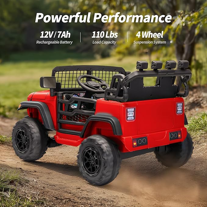 2 Seater Ride on Car Toy, 12V Electric Car for Kids 4-8 with Remote Control, Capacity 110 lb, LED Light - Red