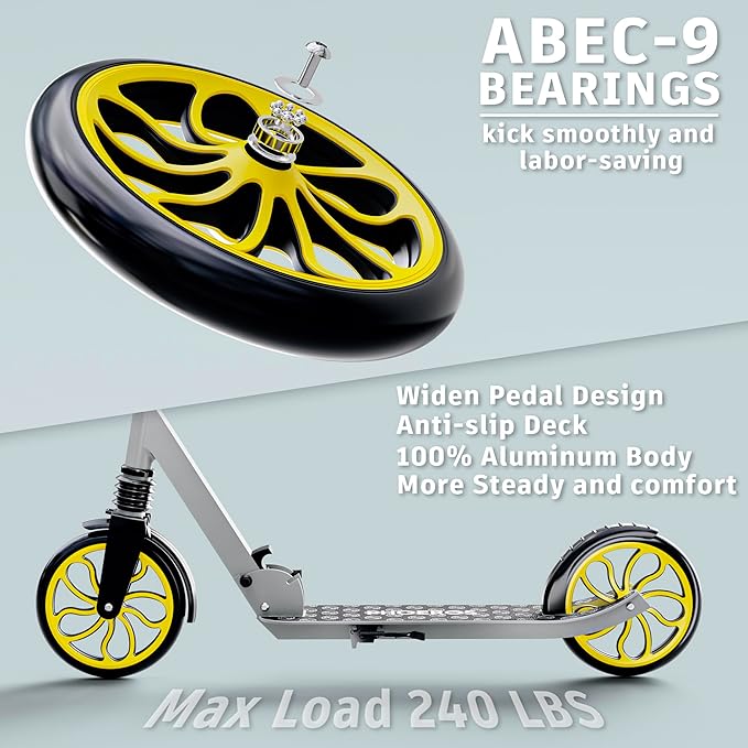 PHOEROS Kick Scooter for Kids Ages 6-12,Teens & Adults, Youth. Lightweight Aluminum Kick Scooter for Teens Adults Boys Girls with 8 inch Big Wheels, Foldable, 3 Height Adjustable, Shock Absorption.