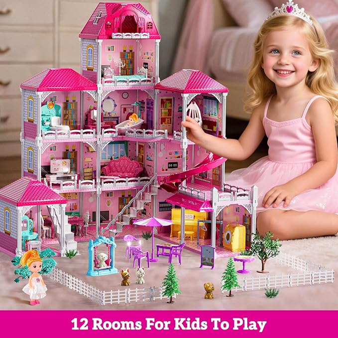 Villa Playset for Girls Ages 3-7, 4-Story 12 Room House with 2 Dolls, Furniture and Accessories, Indoor Playset Girls Toys for Ages 6-8, Pretend Toddler Toy, Birthday Gifts for Kids 4-8