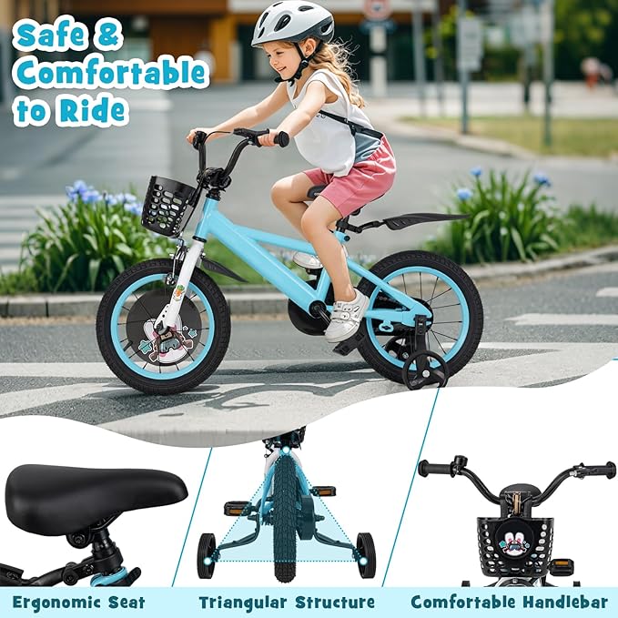 BABY JOY Rabbit Pilot Sporty Kids Bike, 12 14 16 18 Inch Child Bike for 3-8 Years Old with Adjustable Height, Training Wheels, Storage Basket, Handbrake & Coaster Brake, Kids Bicycle for Girls Boys