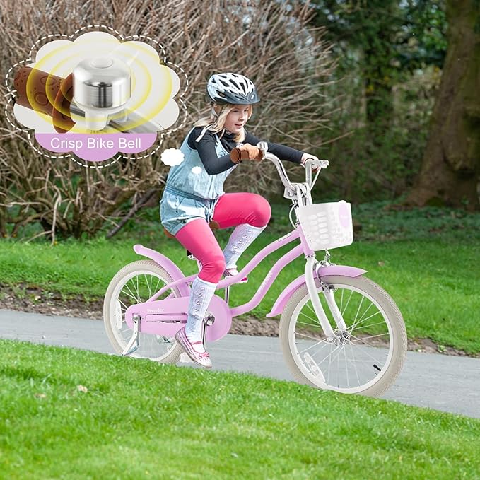 BABY JOY Kids Bike, 12 14 16 18 20 Inch Boys Girls Bike w/Adjustable Seat, Removable Basket, Handbrake & Coaster Brake, Training Wheels or Kickstand, Kids Bicycle with Multi-Color