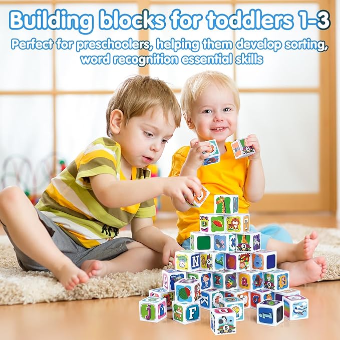 PLAY ABC Building Blocks for Toddlers 1-3, 28 PCS Plastic Baby Alphabet Letters Number Stacking Blocks Set, Preschool Learning Educational Montessori Sensory Toys Gifts for Kids Girls Boys