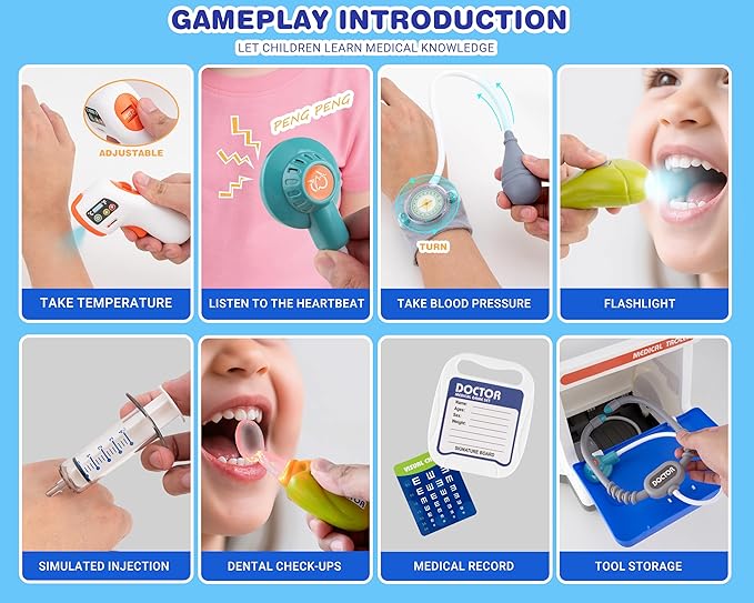 Doctor Kit for Toddlers - Deluxe Pretend Play Medical Cart Toy Set with Stethoscope ,Thermometer,Doctor Costume & Carry Bag - Educational Role Play Gift for Kids Boys & Girls Ages 3 4 5(Blue)