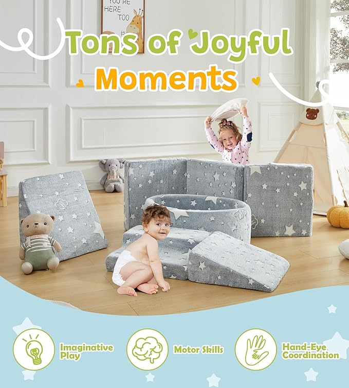 Foam Climbing Blocks with Ball Pit & Stairs for Toddlers Aged 1-3 -Soft Playset for Indoor Crawling, Foam Playground Set for Baby to Active Playing Inside -(Balls NOT Included),Stars