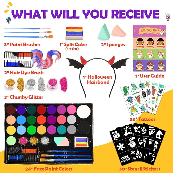 Face Painting Kit for Kids, 24 Colors Water Based Non-Toxic Face Paint with Stencils & Brushes, Professional Body Makeup Set with Guide Book, Washable Face & Body Paint for Halloween Birthday Parties