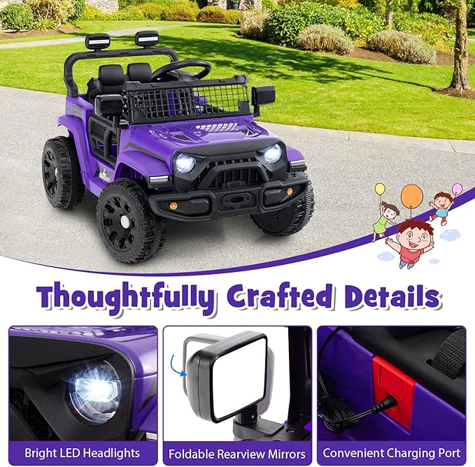 Costzon Kids Ride on Car Truck, 12V Electric Vehicle w/Foldable Mirrors, 3 Speeds, LED Lights, Music & Horn, Ride on Toys Remote Control Car for Toddlers, Boys & Girls (Purple,34" × 23" × 21")