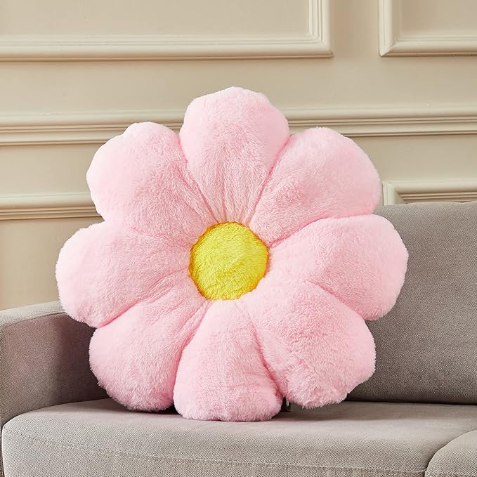 20" Pink Flower Pillow Floor Pillow Seat Cushion – Faux Rabbit Fur Plush Throw Pillow, Cozy Floor Cushion & Gift for Kids