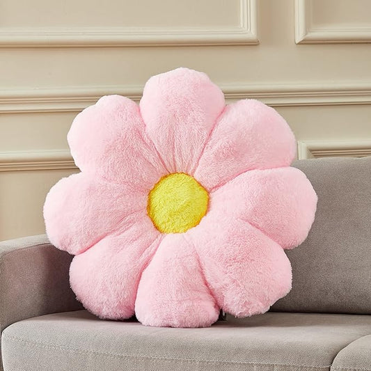 20" Pink Flower Pillow Floor Pillow Seat Cushion – Faux Rabbit Fur Plush Throw Pillow, Cozy Floor Cushion & Gift for Kids