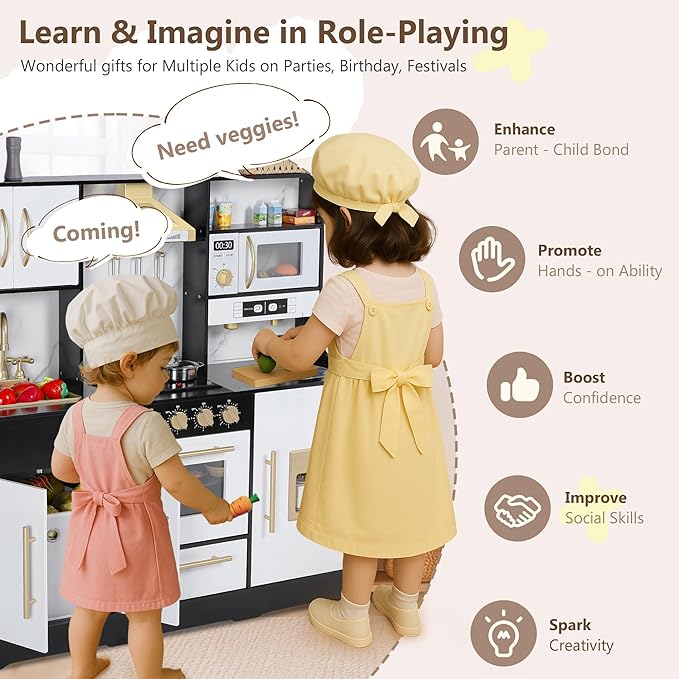 Kinder King Wooden Kids Play Kitchen, Toy Kitchen Playset for Toddler, Play Kitchen Set w/Real Sounds, Pretend Coffee Machine, Kitchen Hood, Sink, Ice Maker, Gift for Boys Girls Age 3+, Black