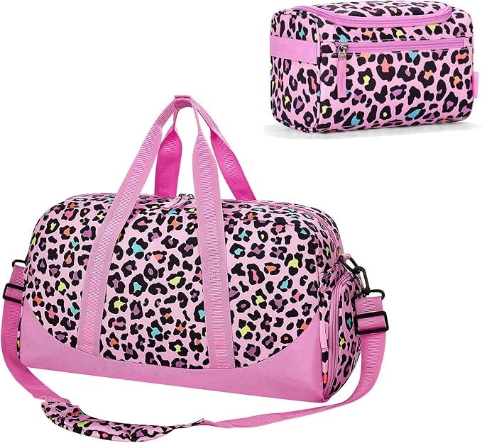 Choco Mocha Duffle Bag Kids Girls - Overnight Bags with Toiletry Bag for Weekender Travel Gym, Christmas Gifts for Girl Kid, Leopard Pink