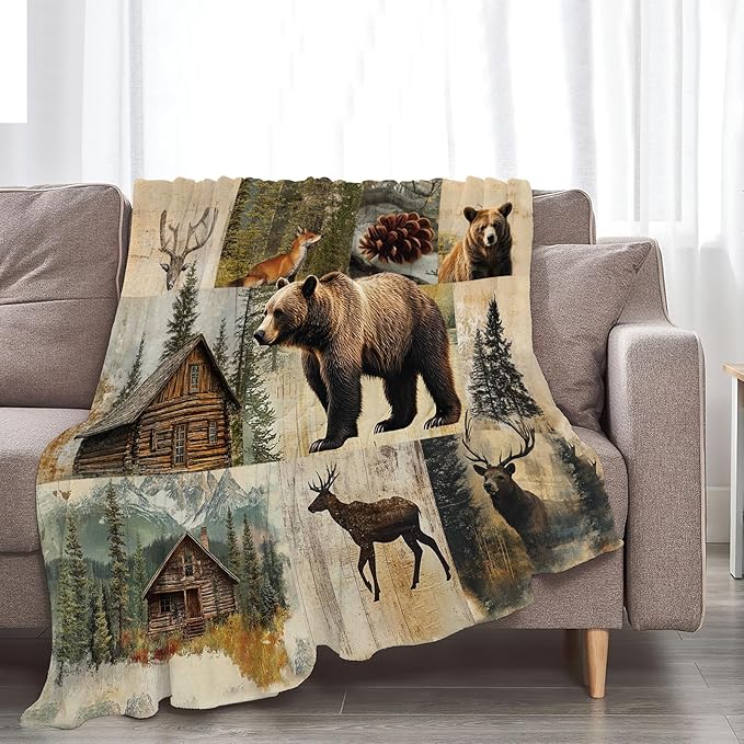 Cabin Bear Blanket, Rustic Bear Deer Fleece Blanket Gifts for Boys Girls, Warm Cozy Soft Flannel Stuff for Bed Sofa Couch 50" x 40"