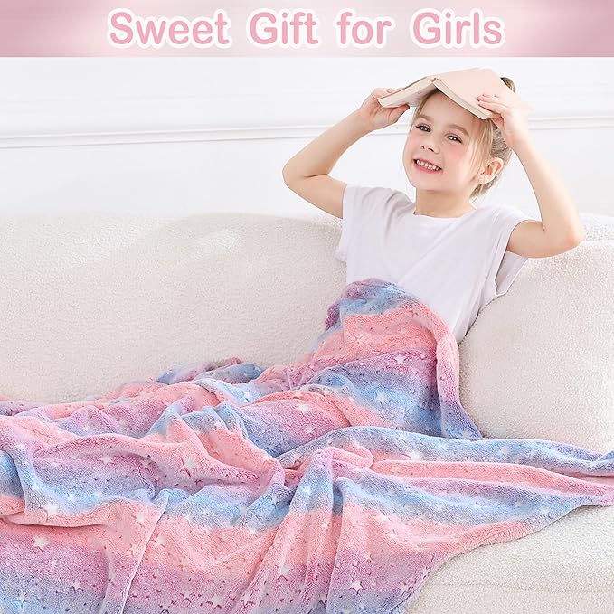 Softan Kids Stars Throw Blanket Glow in The Dark, Kids Blanket Gifts for Girls & Boys, Soft Cozy Flannel Luminous Stars Blanket for Sofa Couch Bed, Christmas Birthday Gift, 30x40IN