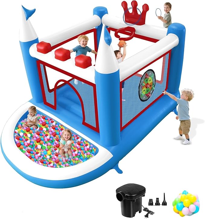 Kids Bounce House with Ball Pit, Basketball Hoop, Target Game and Ring Toss Game PVC Jumping Castle with Electric Air Pump 98”x 70”x 65” Trampoline for Ages 3-8 Indoor or Outdoor Play