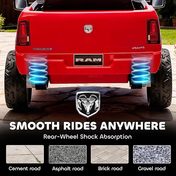 Qaba 12V Kids Ride on Car, Licensed Dodge RAM 3500 Electric Car for Kids with Dual Motors, Parent Remote Control, Rear Suspension, Power Display, Bluetooth Music and LED Lights, Red