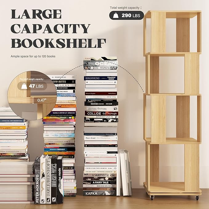 4 Tier Solid Wood Rotating Bookshelf Tower on Wheels, 360° Upgrade Spinning Book Shelf, Revolving Bookcase Organizer, Swivel Bookshelves for Small Spaces, Corner, Bedroom, Kids Room, Office (Natural)