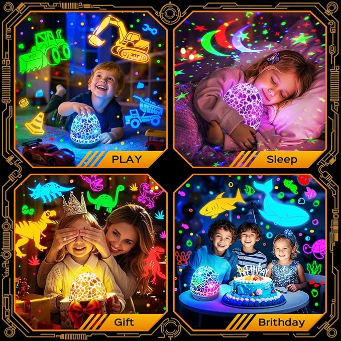 Pikoy Construction Excavator Toys【15 Sounds & 6 Films】Truck Toys for Ages 5-7[31 Colors & Remote Control] Dinosaur Egg Light for Nursery Toddler Boys Birthday Gifts,Kids Christmas Gifts 1-8 Years Old