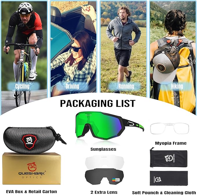 Queshark Cycling Glasses, Sports Sunglasses for Men Women, 1 Polarized 2 HD Lens, Polarized Sunglasses for Cycling Running