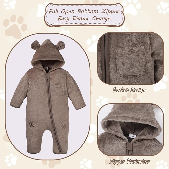 Newborn Snowsuit Baby Boy Bear Outfit Infant Girls Fleece Warm Jumpsuit Romper Winter Hooded Clothes
