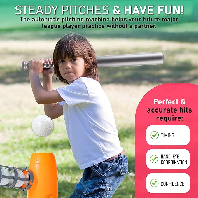 Kids Auto Baseball Pitching Machine Outdoor Toy Set - Training Equipment & Batting Practice Toys for Youth, Includes 10 Baseballs, Baseball Bat and Sports Bag