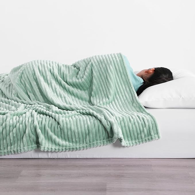 NTBAY Plush Flannel Twin Bed Blanket, 60x80 Inches Soft and Warm Lightweight Bed Blanket with Striped Texture for Couch, Sofa, All Seasons, Mint