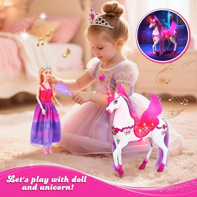 Magic Light Unicorn & Princess Doll, Unicorn Toys for Girls 3-6, Christmas Birthday Gifts for Kids Girls Aged 3 4 5 6 7 8