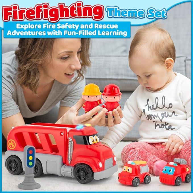 Soft Rubber Toy Figure Car for 1 Year Old Boy 13 PCS Cartoon Cars with Trailor Baby Toys for 12-18 Months & Toddler Age 1-2|First Birthday, for 1 2 3 Year Old Boy