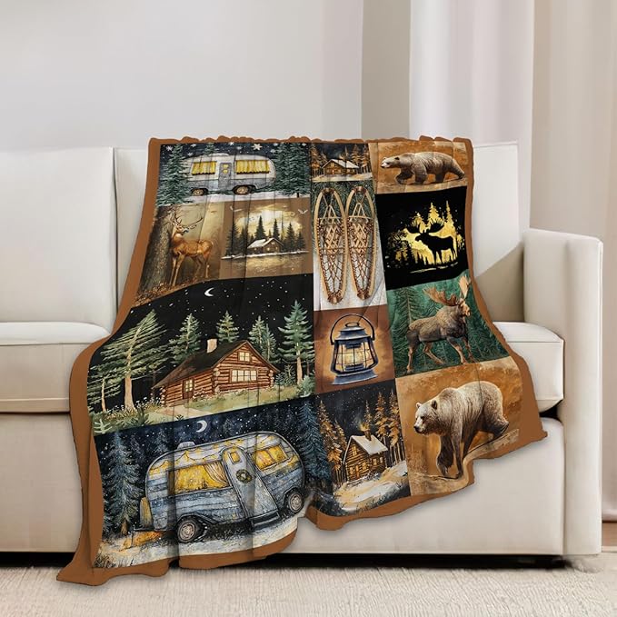 Camping Blanket Cabin Bear Deer Throw Blankets Gifts for Girls Boys Kids Camping Lover Soft Cozy Fleece Plush for Couch Sofa Bed 50"x40"