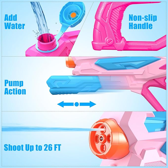 2 PCS Water Gun for Kids, Super Squirt Guns Water Soaker Blaster - 4 Shooting Modes Switch - 26 Ft Long Shooting Range - Summer Water Toys Gun for Boys Girls Adults Outdoor Pool/Garden - Pink