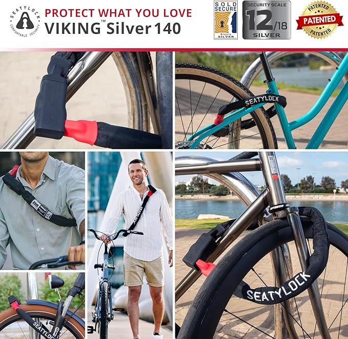 Seatylock Viking Bike Chain Lock with Key - Magnetic Patented Sold Secure Silver Rated - Heavy Duty Anti Theft - Smart Ultra Security Bicycle Lock (55.1 Inch)