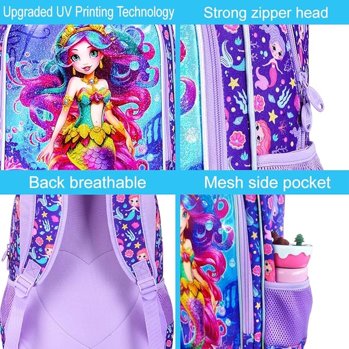 CCJPX 3PCS Kids Backpack for Girls, 16”Mermaid Sequin Preschool Bookbag Set, Cute Water Resistant School Bag for Elementary Kindergarten Toddler