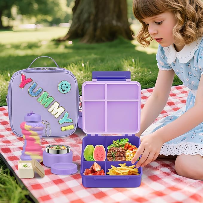 Bento Lunch Box with 10oz Soup Thermo for Kids Insulated Lunch Bag & Foldable Silicone Cup Food Leak Proof Food Container with 5 Compartment for Kid to Shool Travel