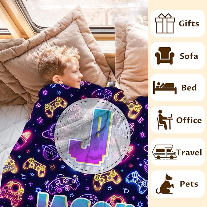 Game Gifts for Kids Toddler Teens, Personalized Throw Blanket with Name Initial Letter for Boys, Cute Custom Monogram Soft Fuzzy Blankets for Bed Couch Sofa Decor