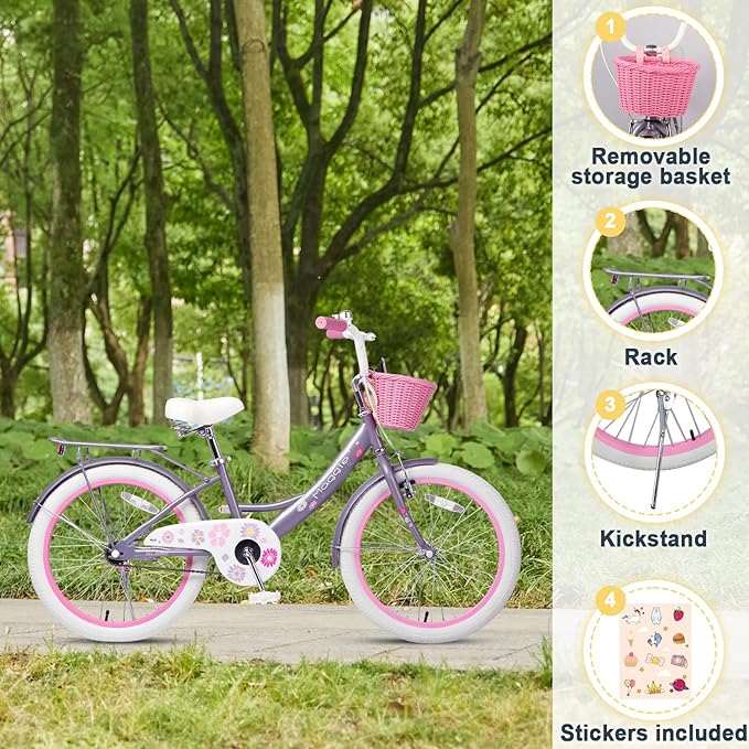 Glerc Maggie Girls Bike, 12-20 Inch Kids Bike for 2-13 Years Old Children, Princess Style Kids Bicycle with Doll-Seat & Basket & Training Wheels, Multiple Colors