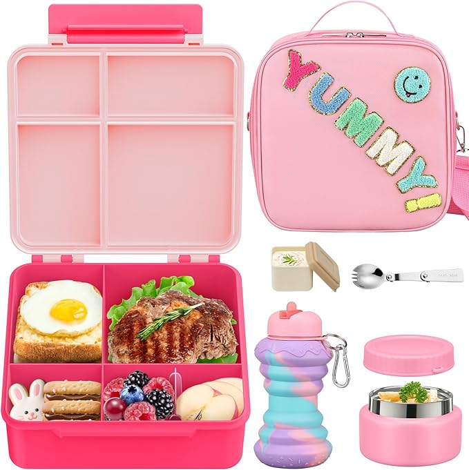 Bento Lunch Box with 10oz Soup Thermo for Kids Insulated Lunch Bag & Foldable Silicone Cup Food Leak Proof Food Container with 5 Compartment for Kid to Shool Travel