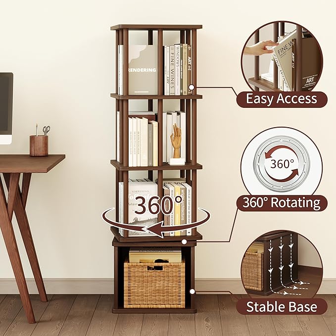 IOTXY 4-Tier Rotating Bookshelf Tower - Beech Wood Frame Spinning Bookcase with Storage Base, Tall Freestanding Revolving Shelf Organizer, Walnut