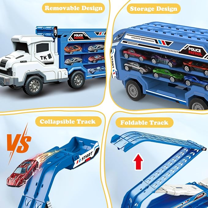 Toddler Car Truck Toys,Car Carrier Trucks Toy for Kids Age 3-5 4-8,Foldable Car Track Sets with 2.8-Ft Race Track and 6 Die-Cast Race Cars, Truck Toys Gifts for 3 4 5 6 7 8+ Year Old Boys Girls(Blue)