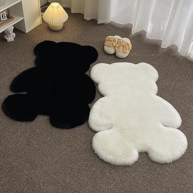 3x3.9ft Black Small Bear Shaggy Rug, Soft Fluffy Faux Sheepskin Fur Rug Fuzzy Shag Area Rug Cute Plush Carpet for Nursery Kids Girls Bedroom Room Aesthetic Living Room Floor Home Decor, Black
