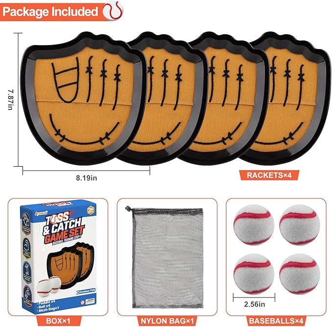 Aywewii Toss and Catch Ball Set Beginner Baseball Training Gloves Beach/Pool Toys Outdoor/Backyard Games for Toddlers and Kids Ages 3-8 Fun Gift for Boys and Girls (Black, 4 Paddles & 4 Balls)