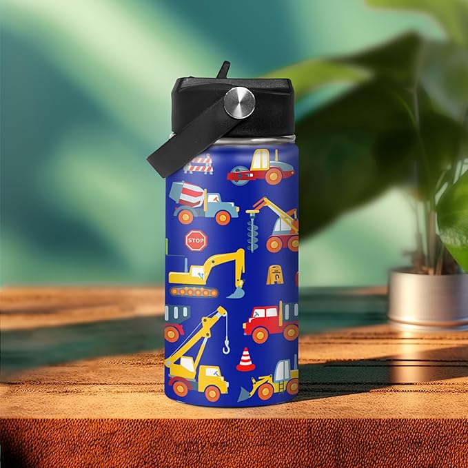 Kids Water Bottle with Straw Construction Insulated Water Bottles 12oz Stainless Steel Travel School Tumbler Double Wall Vacuum Cup for Boys Kid