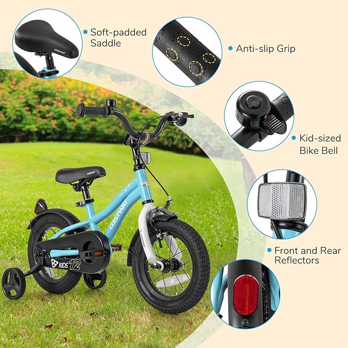 COSTWAY 12/14/16/18 Inch Kids Bike, Children Toddler Bicycle with Training Wheels, Adjustable Seat & Handlebar, Handbrake & Coaster Brake, Reflectors, Bell, Suitable for 3-8 Years Old Boys Girls