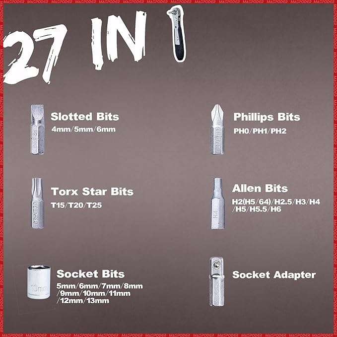 Bike Tool Kit, Repair Kit Mini Ratchet Wrench with 26 Bits, Saddle Bag, Pump, Tire Lever Patches Bicycle Multitool Accessories Screwdriver Set for Adult Bikes Road Mountain MTB