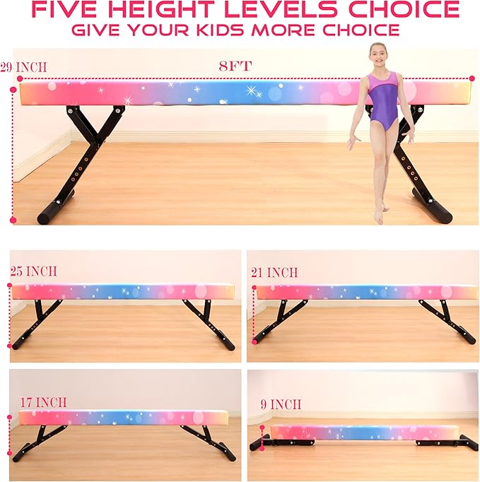 Adjustable Balance Beam 8 ft Gymnastic Beam Adjustable Height for Kids and Teenage of All Gymnastic Levels, Gymnastic Training Beam Gymnastic Equipment for Athlete Home and Gym Club Use