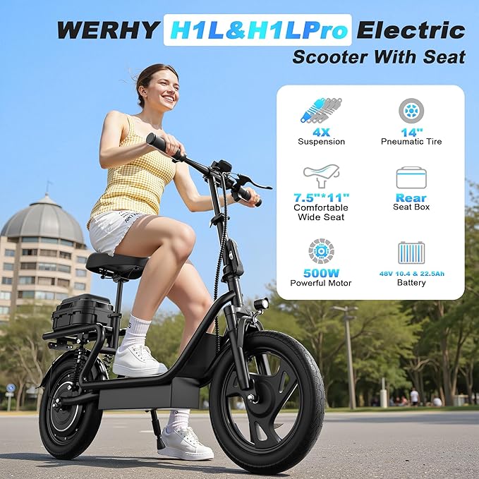 WERHY Electric Scooter, 500W Motor, 14'' Tires, Top Speed 22 mph, Max 27/49 Miles Ranges, Foldable E-Scooter with Suspension, Digital Display, Cruise Control,Rear Seat Box/Basket
