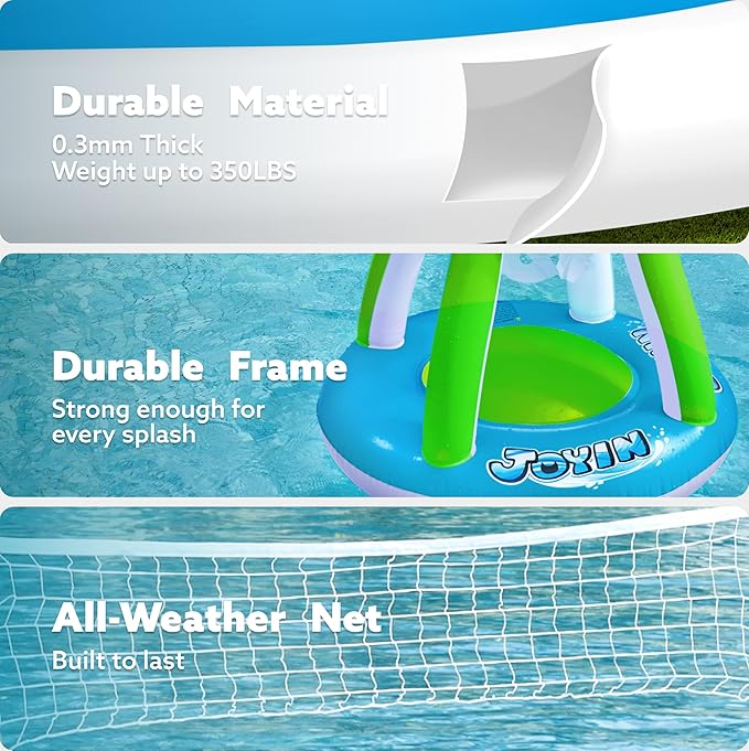 JOYIN Inflatable Volleyball Net & Basketball Hoops Pool Float Set; Balls Included for Kids and Adults, Summer Pool Game, Floaties, Volleyball Court (105”x28”x38”) Basketball (27.6”x23”),Green,Blue