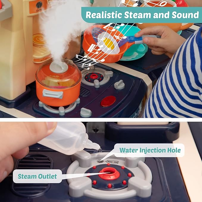Kids Kitchen Play Set，Interactive Kids Kitchen Play Set with 65Pcs of Pretend Kitchen Toys，Realistic Sound Effects，and Simulated Functionality - Suitable for Toddlers Aged 2-12 Years (Blue)